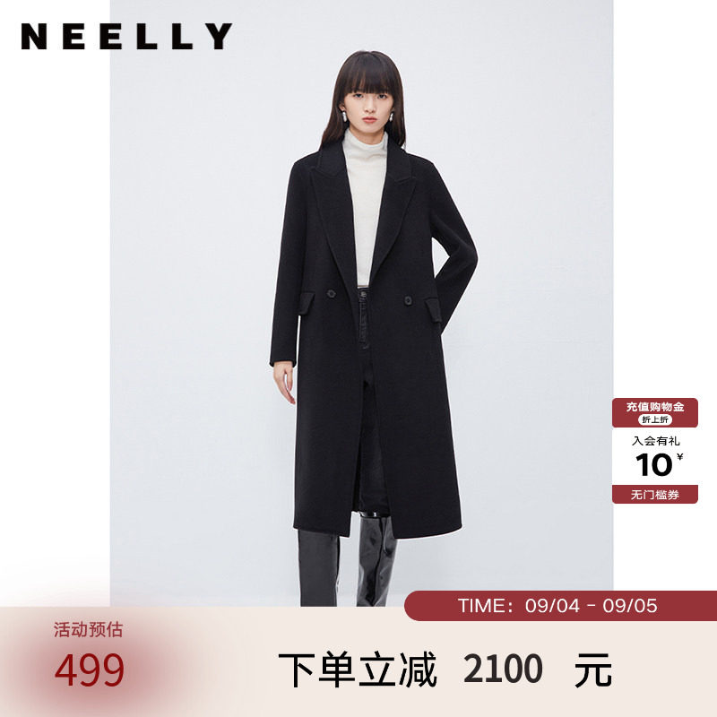 NEELLY纳俪商场同款双面呢外套女冬过膝中长款气质通勤西装式大衣