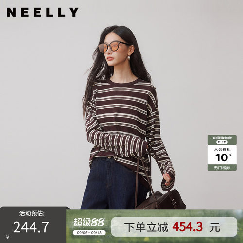 NEELLY纳俪商场同款秋季新款复古条纹长袖圆领T恤女撞色休闲上衣