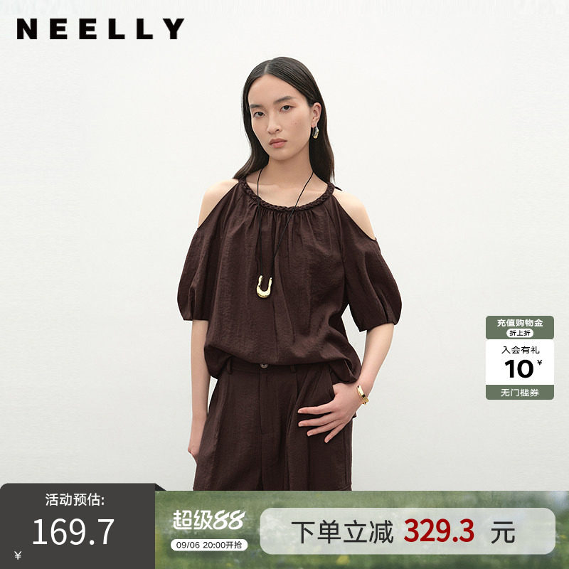 NEELLY纳俪商场同款夏新款时尚复古露肩设计感T恤女宽松休闲上衣