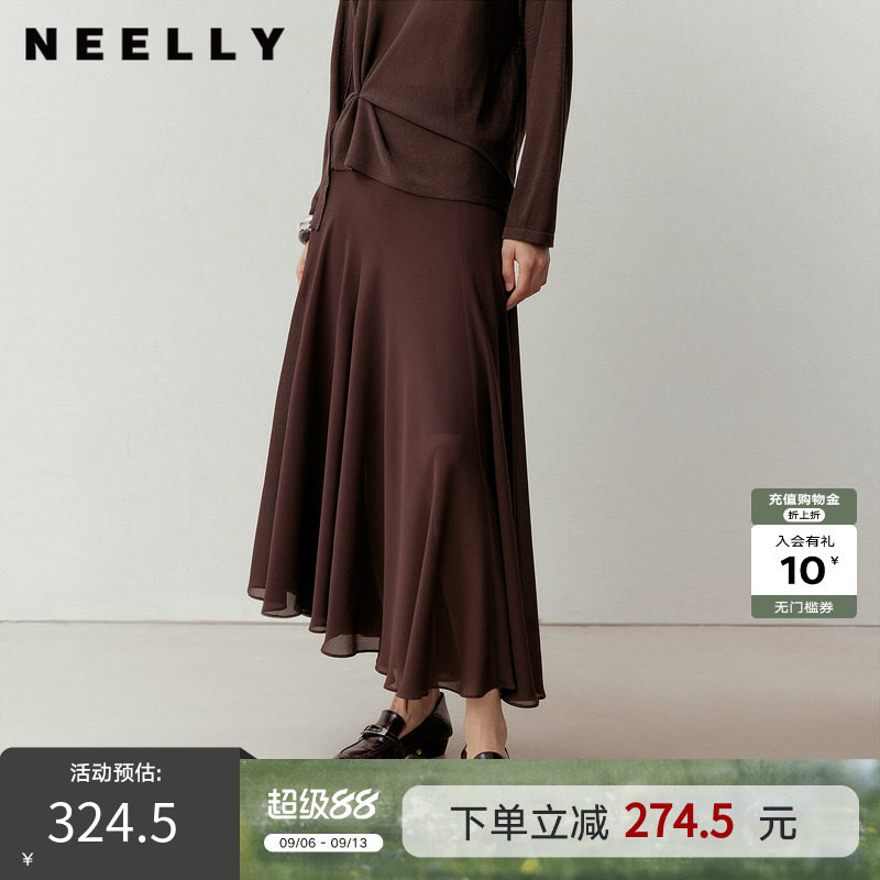 NEELLY纳俪商场同款春季新款优雅飘逸雪纺半身裙女慵懒百搭长裙