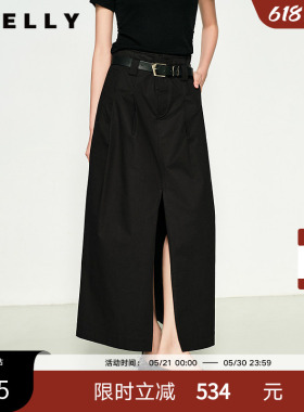 NEELLY纳俪商场同款春秋款设计感高腰黑色半身裙女开衩收腰A字裙