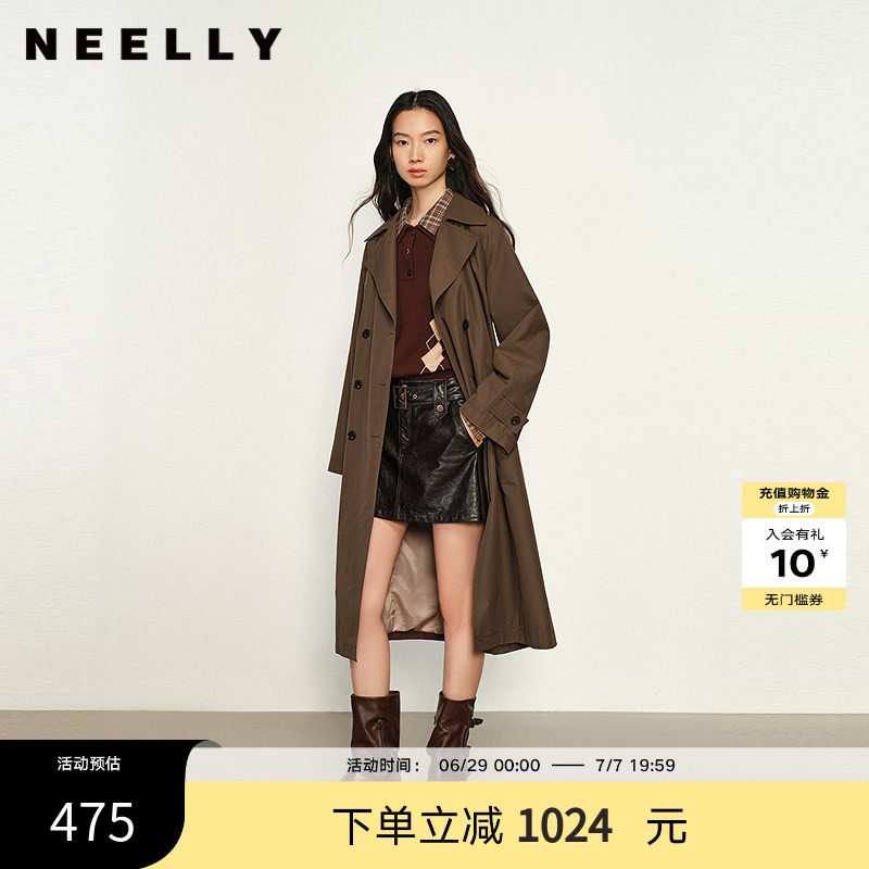 NEELLY纳俪商场同款夏新款休闲双排扣风衣女长款收腰通勤百搭外套