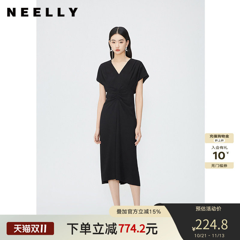 NEELLY纳俪商场同款V领法式连衣裙女小众设计抽褶收腰绝美中长裙