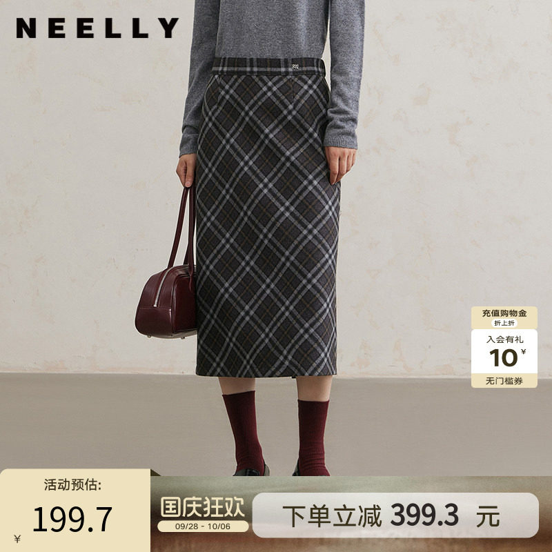 NEELLY纳俪商场同款冬新款复古格纹通勤半身裙女后开叉百搭针织裙