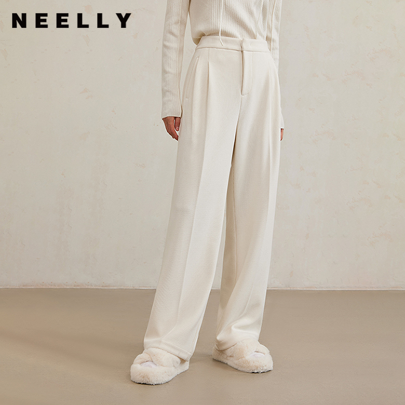 NEELLY纳俪商场同款冬新款宽松遮肉显瘦通勤白色直筒裤女休闲长裤