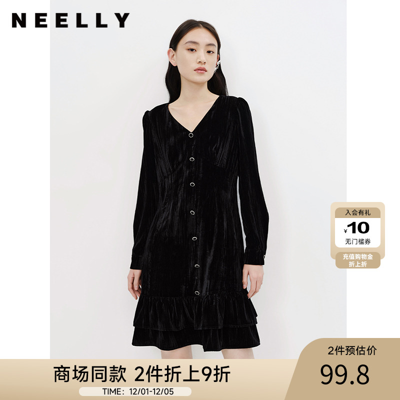NEELLY纳俪商场同款黑色连衣裙女气质v领中长款A字裙夏季新款