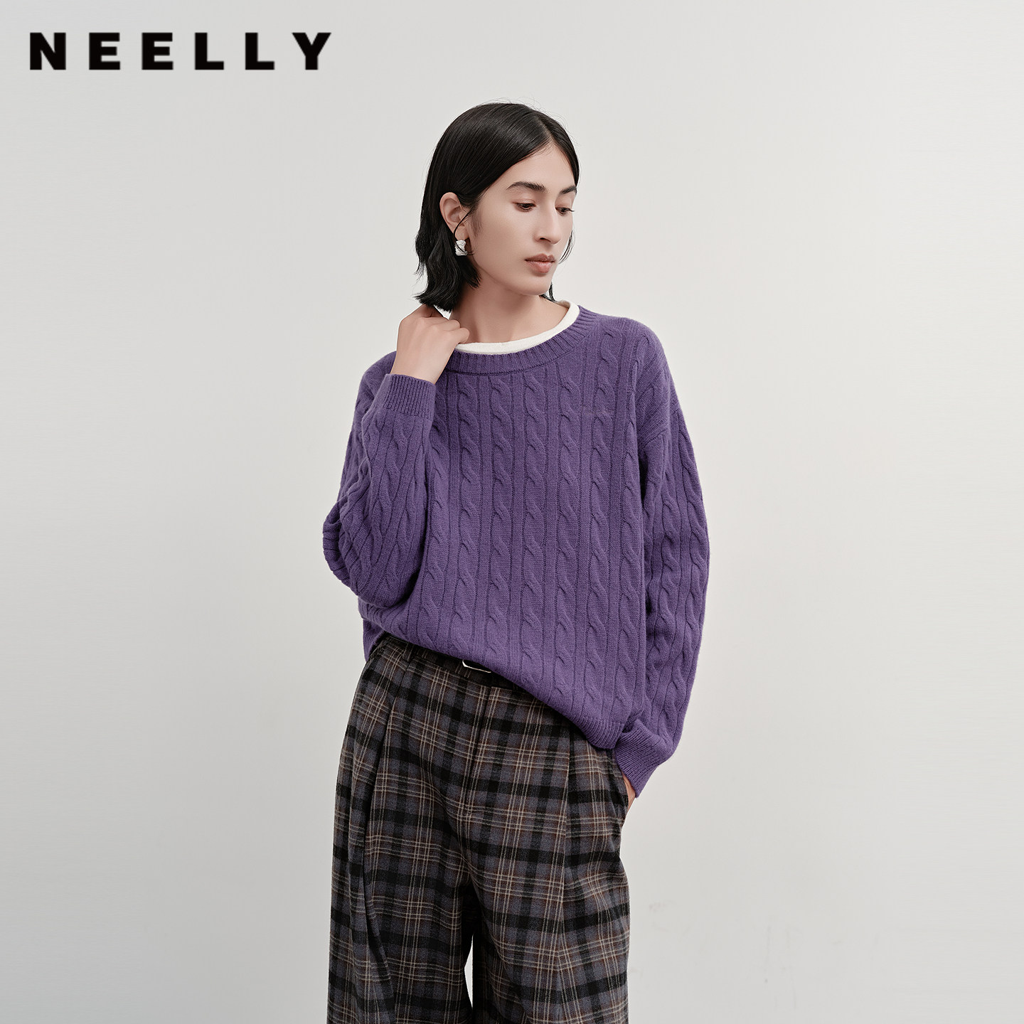 NEELLY纳俪商场同款冬季新款休闲绞花假两件针织衫女软糯显白毛衣
