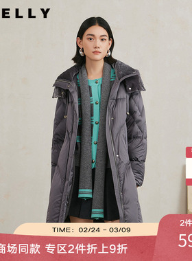 NEELLY纳俪商场同款冬季新款立领连帽长款羽绒服女保暖灰色外套