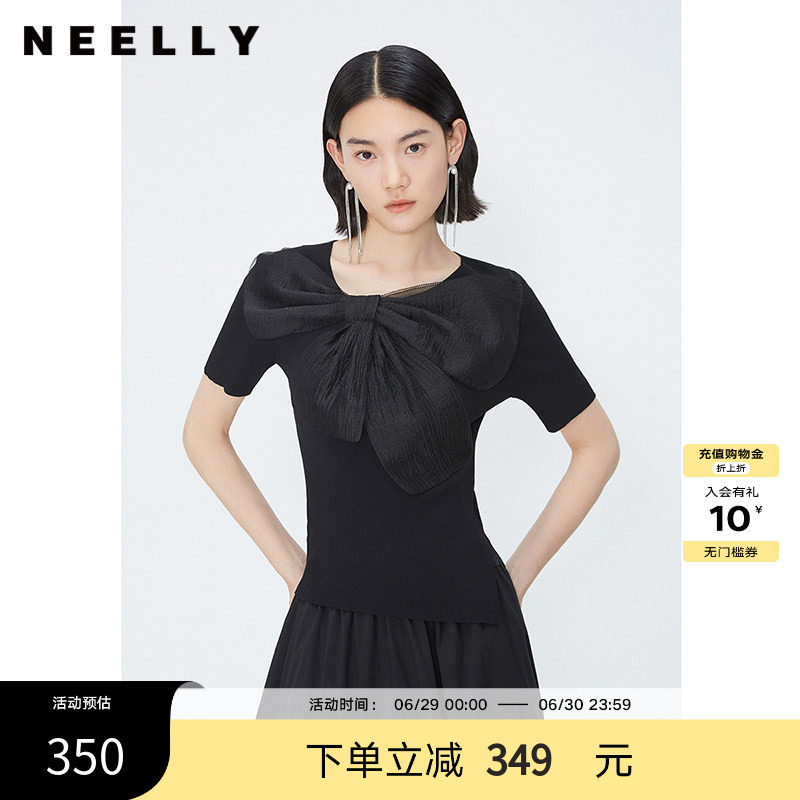 NEELLY纳俪商场同款夏季新款黑色套头针织衫女薄款网纱蝴蝶结上衣