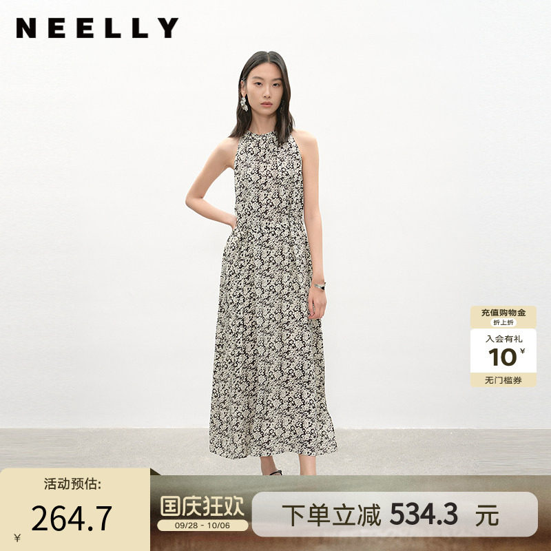 NEELLY纳俪商场同款夏季新款黑白碎花挂脖连衣裙女复古休闲中长裙
