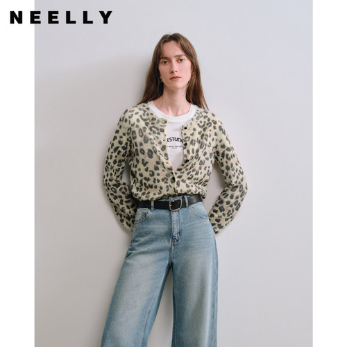 NEELLY纳俪商场同款秋季新款复古豹纹针织开衫女吸睛百搭短上衣