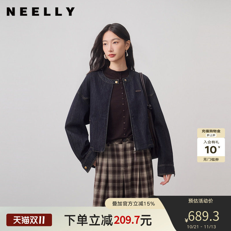 NEELLY纳俪商场同款秋新款复古松弛牛仔短外套女圆领宽松外搭夹克