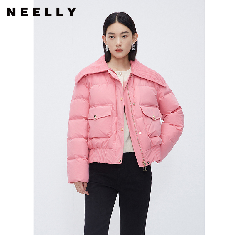 NEELLY纳俪商场同款粉色面包服女冬时尚大翻领保暖休闲短款羽绒服