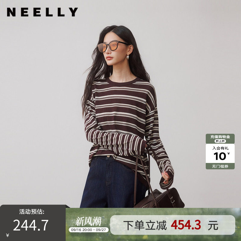 NEELLY纳俪商场同款秋季新款复古条纹长袖圆领T恤女撞色休闲上衣