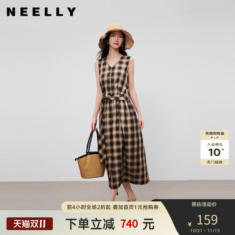 NEELLY纳俪商场同款夏季新款复古格纹无袖连衣裙女单排扣阔摆长裙