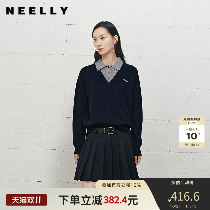 NEELLY纳俪商场同款冬季新款学院风显白宽松针织女撞色慵懒风上衣
