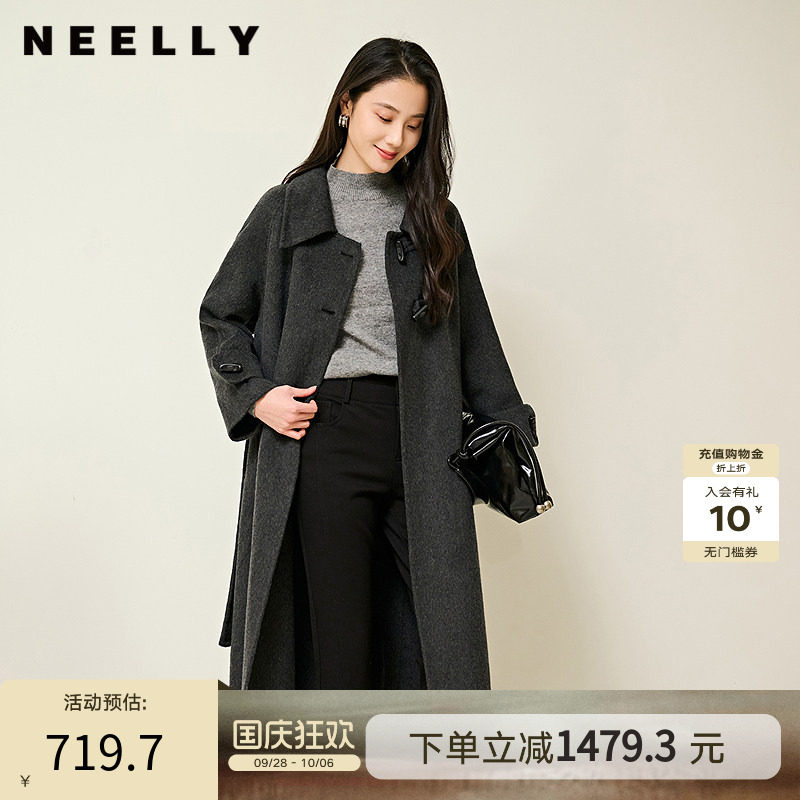 NEELLY纳俪商场同款冬季新款气质通勤羊毛呢大衣女立裁长款外套
