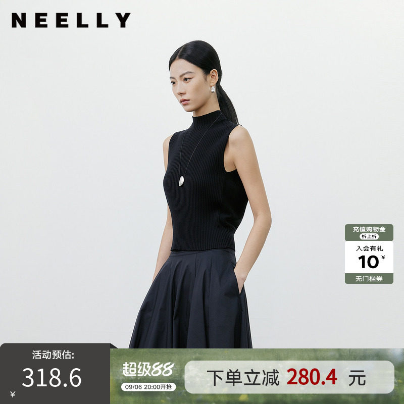 NEELLY纳俪商场同款秋新款休闲黑色半高领坑条背心女修身针织上衣图片