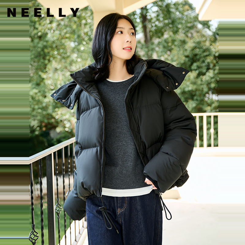 NEELLY纳俪商场同款冬季新款连帽短款面包羽绒服女白鸭绒保暖外套