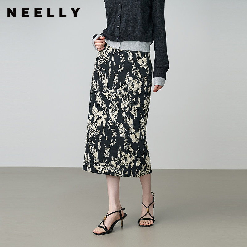 NEELLY纳俪春秋新款商场同款气质花卉设计感半身裙女显瘦休闲长裙