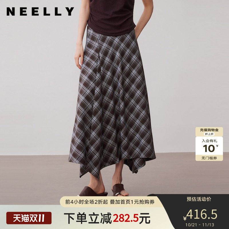 NEELLY纳俪商场同款秋新款复古不规则格纹半裙女休闲设计感中长裙