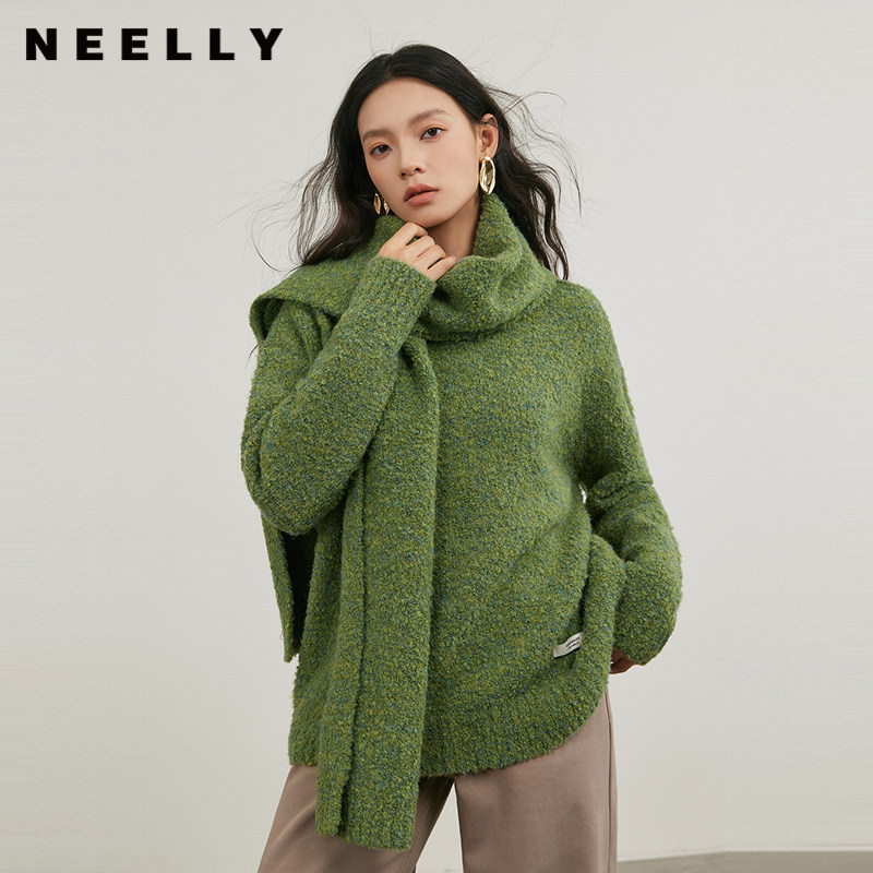NEELLY纳俪商场同款冬新款围巾圆领软糯针织衫女宽松显瘦气质上衣