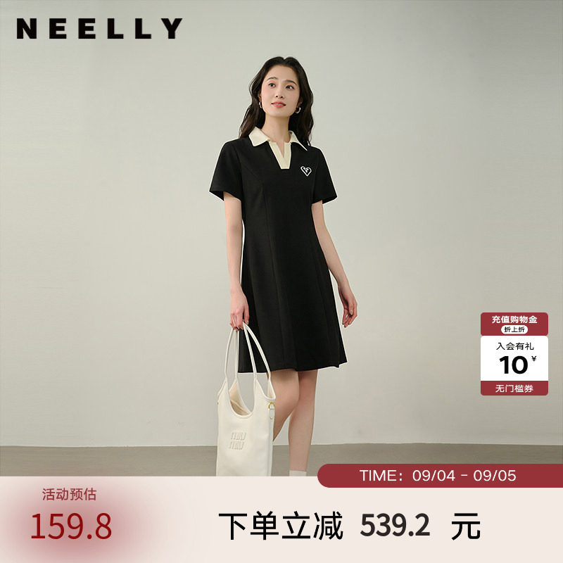 NEELLY纳俪商场同款夏季新款减龄学院风收腰连衣裙女休闲百搭长裙