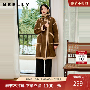 NEELLY纳俪商场同款冬季新款复古美拉德麂皮绒保暖外套女长款大衣