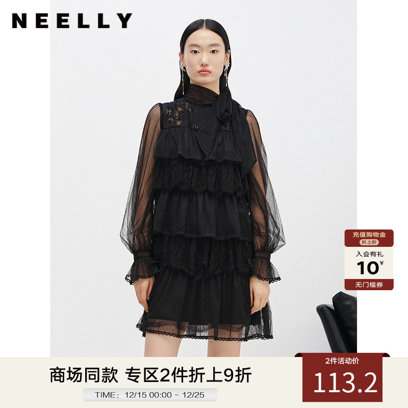 NEELLY纳俪商场同款冬季新款黑色蕾丝连衣裙女中长款气质蛋糕裙