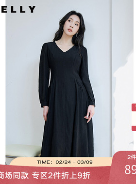 NEELLY纳俪商场同款V领系带收腰连衣裙 肌理感百搭法式垂感中长裙