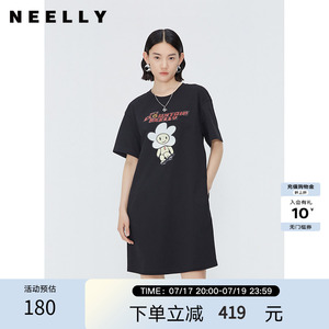 NEELLY纳俪商场同款卡通印花中长款连衣裙女100%棉休闲短袖直筒裙