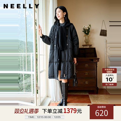 NEELLY纳俪商场同款冬季新款通勤简约毛领长款羽绒服女保暖外套