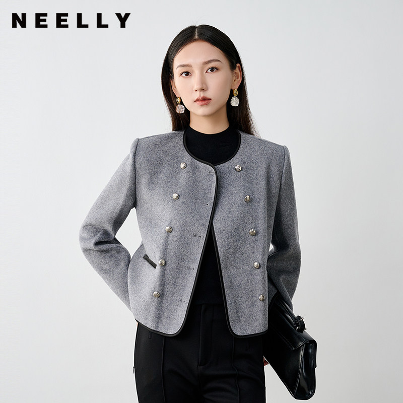 NEELLY纳俪商场同款冬新款小香风灰色双排扣短款双面呢大衣外套女