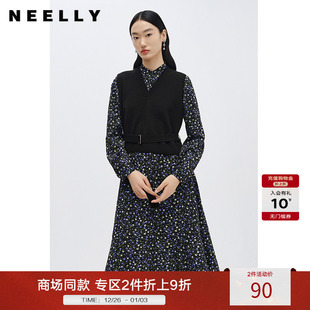 NEELLY纳俪商场同款 A字裙V领马甲两件套 立领碎花连衣裙女中长款