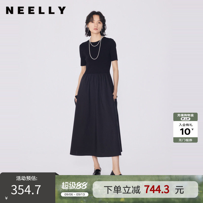 NEELLY纳俪商场同款夏新款黑色显瘦短袖针织拼接连衣裙女收腰长裙