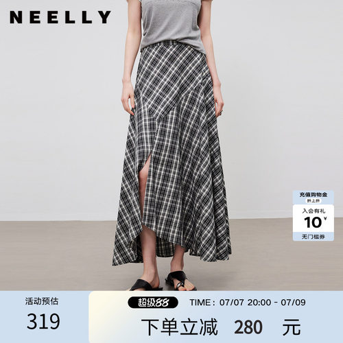 NEELLY纳俪商场同款夏新款不规则格纹开衩半裙女复古感大摆中长裙