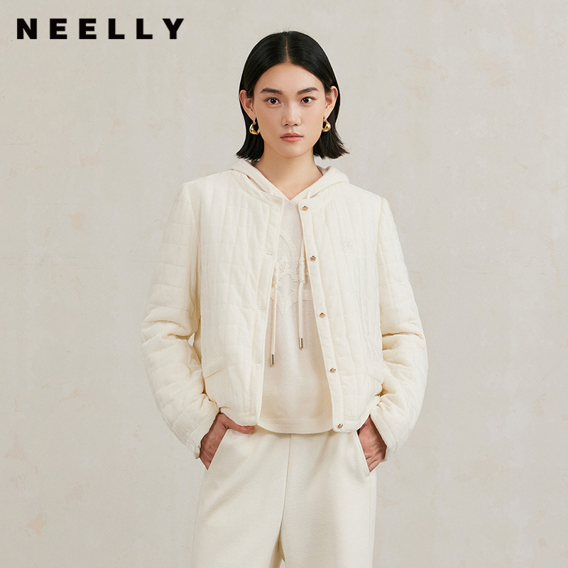 NEELLY纳俪商场同款冬季新款白色小香风棉服女宽松轻薄棉衣外套