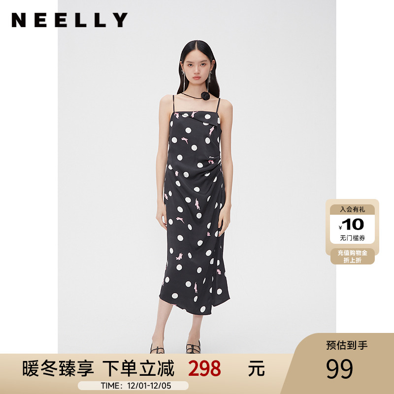 NEELLY纳俪商场同款秋复古波点捏褶吊带连衣裙女设计感开叉中长裙