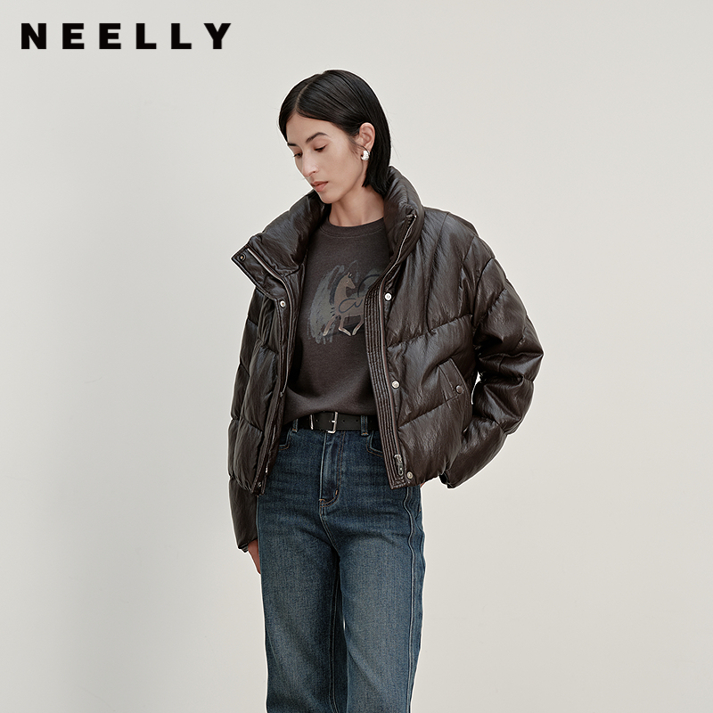 NEELLY纳俪商场同款冬季新款休闲廓形皮质羽绒服女时尚保暖外套