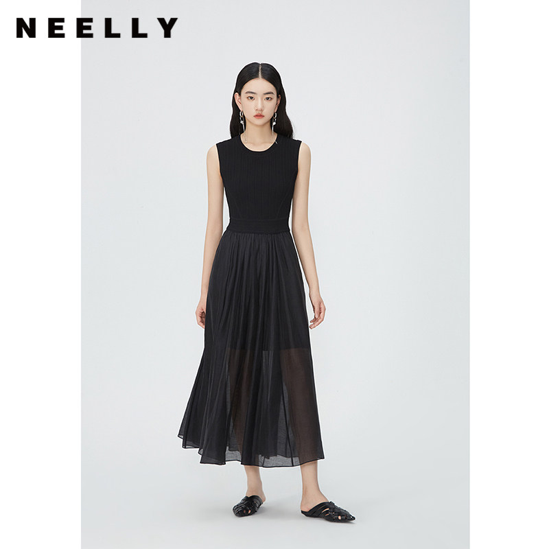 NEELLY纳俪商场同款夏新款圆领无袖连衣裙女修身针织背心拼接长裙