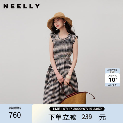 NEELLY纳俪商场同款夏新款复古黑白格连衣裙女无袖修身木耳边长裙