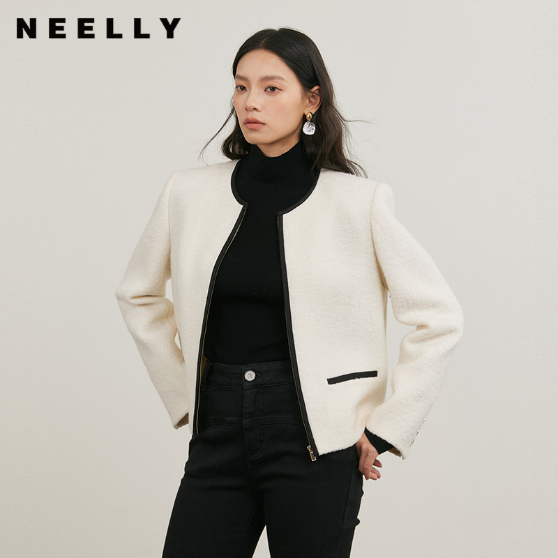 NEELLY纳俪商场同款冬季新款经典黑白撞色毛呢外套女正肩显瘦上衣