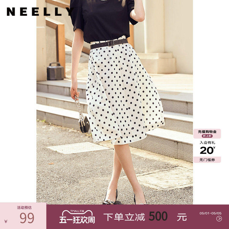 NEELLY纳俪商场同款夏季波点半身裙女轻薄款飘逸收腰A字裙中长款