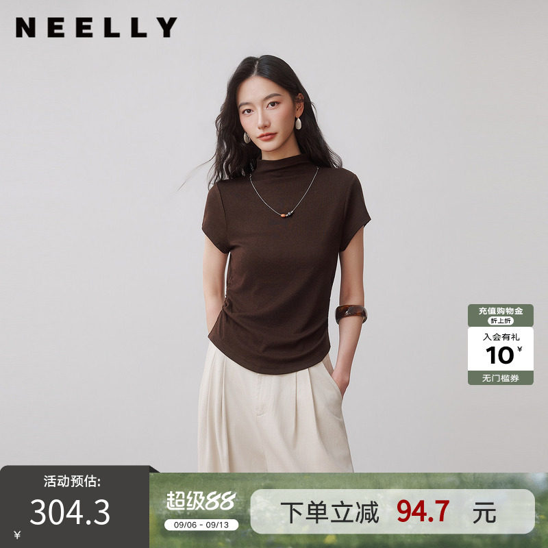 NEELLY纳俪商场同款秋季新款半高领收腰短袖女气质修身亲肤上衣图片