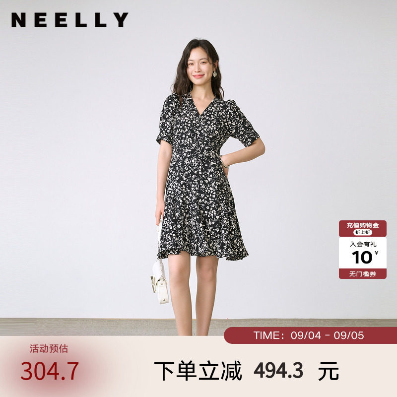 NEELLY纳俪商场同款春新款气质碎花连衣裙女V领法式优雅显瘦长裙