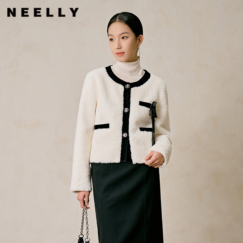 NEELLY纳俪商场同款冬季新款法式小香风黑白撞色毛绒感短外套女