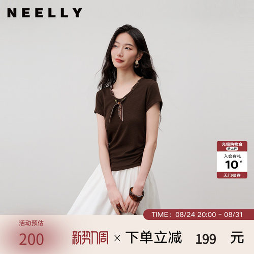 NEELLY纳俪商场同款秋季新款复古丝巾领收腰短袖女V领显瘦休闲T恤