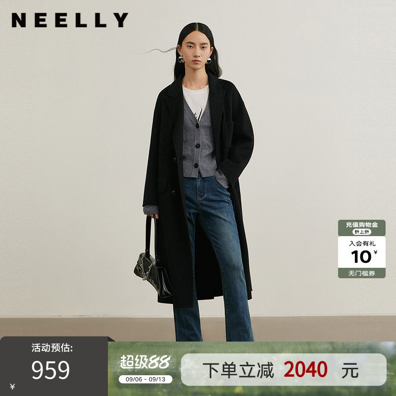 NEELLY纳俪商场同款冬新款绵羊毛长款气质简约大衣女随性慵懒外套