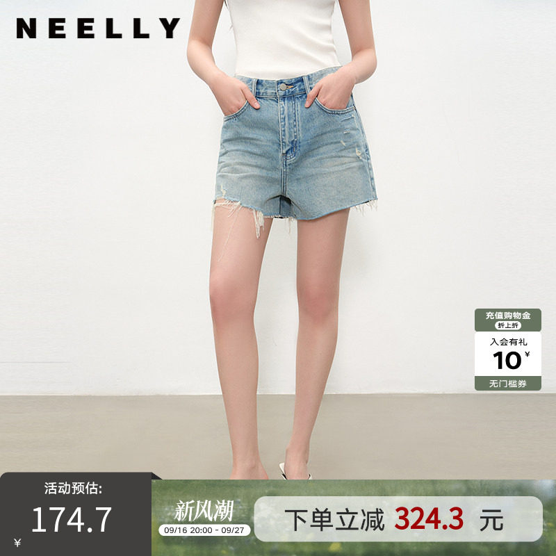 NEELLY纳俪商场同款夏新款个性水洗毛边牛仔短裤女百搭显瘦阔腿裤