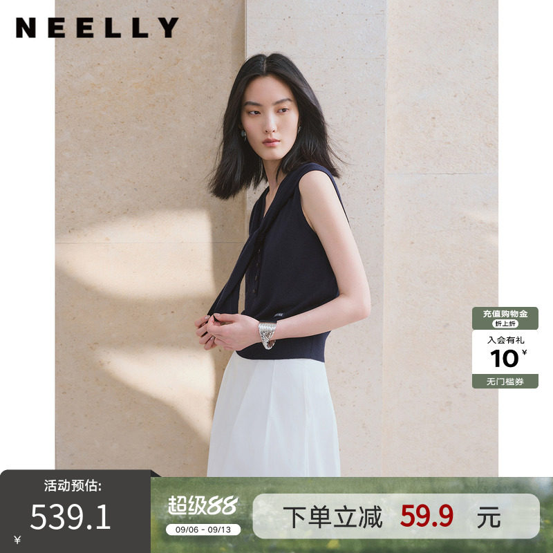 NEELLY纳俪商场同款秋季新款披肩领绑带针织无袖女设计感无袖上衣